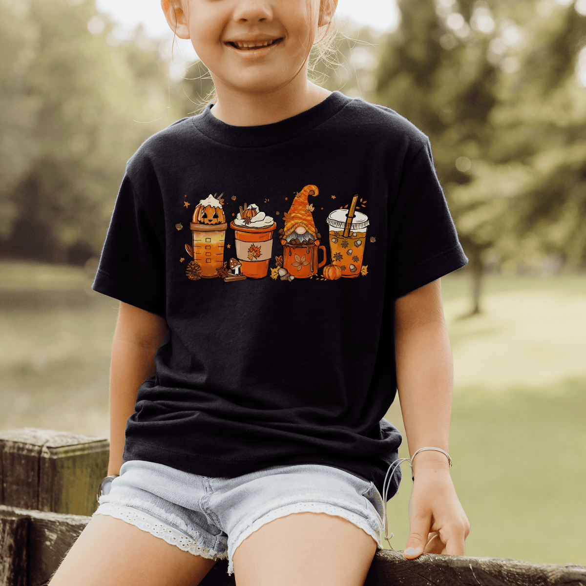 Fall Gnomes & Coffee Mugs Kids T-Shirt