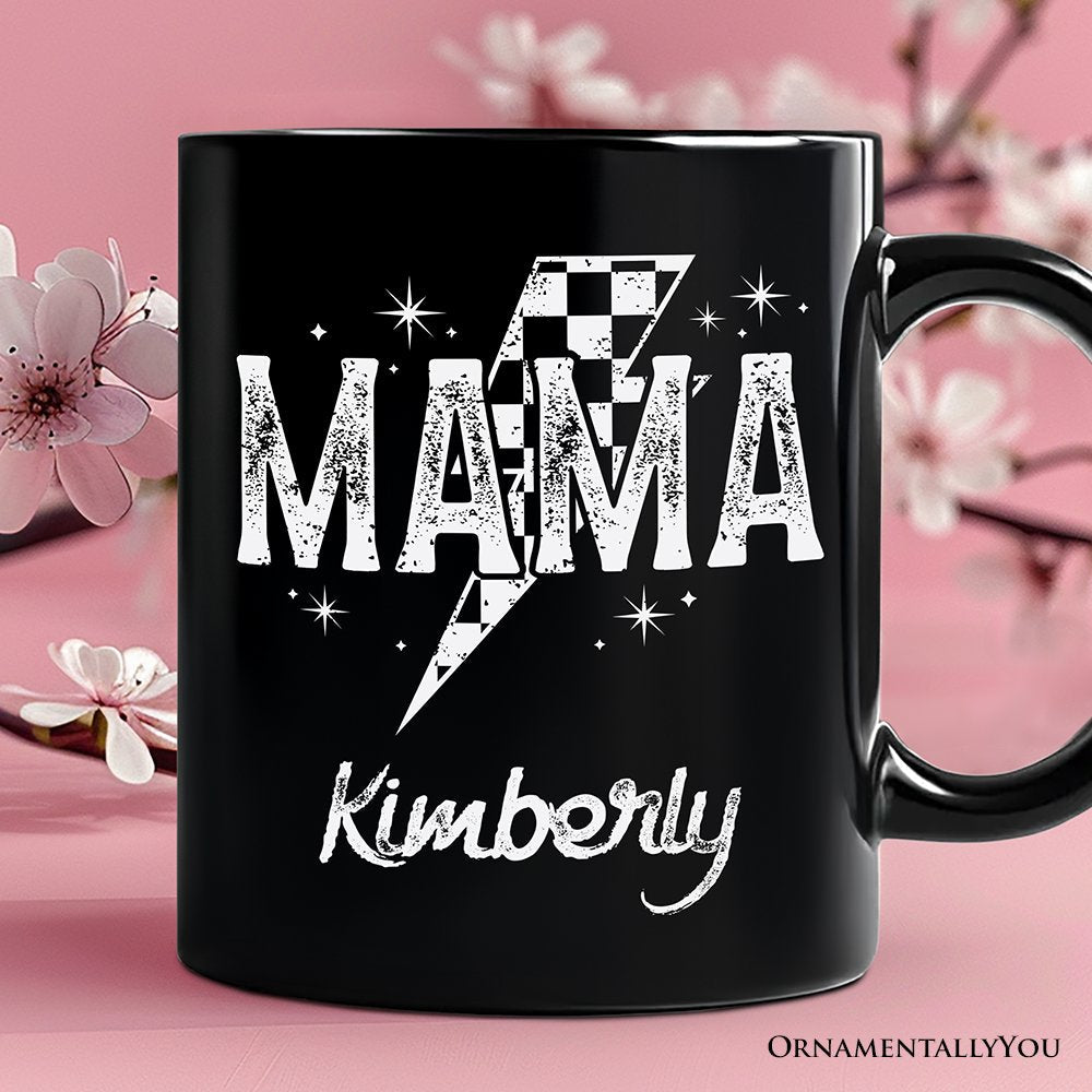 Checkered Lightning Bolt Mama Personalized Mug, Vintage Retro Black and White Gift with Custom Name for Energetic Moms