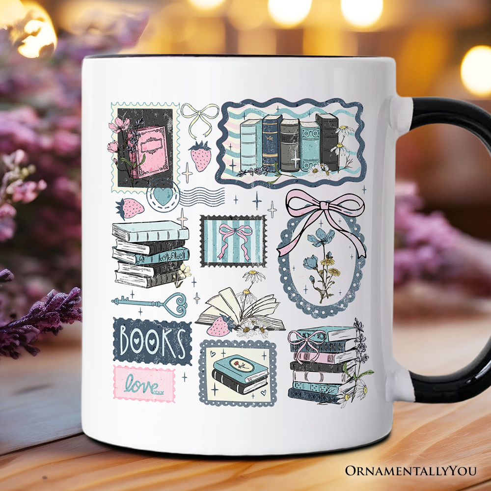 Bookish Love Collage Reader Mug, Vintage Bookworm Aesthetic Gift
