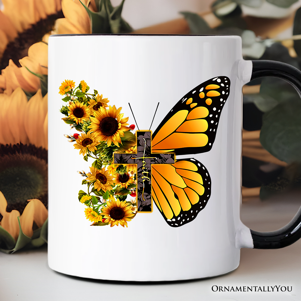 Faith Cross Butterfly Mug, Christian Sunflower Floral Gift