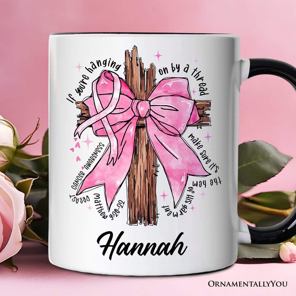Breast Cancer Pink Bow Cross Personalized Mug, Awareness Faith Christian Gift with Custom Name