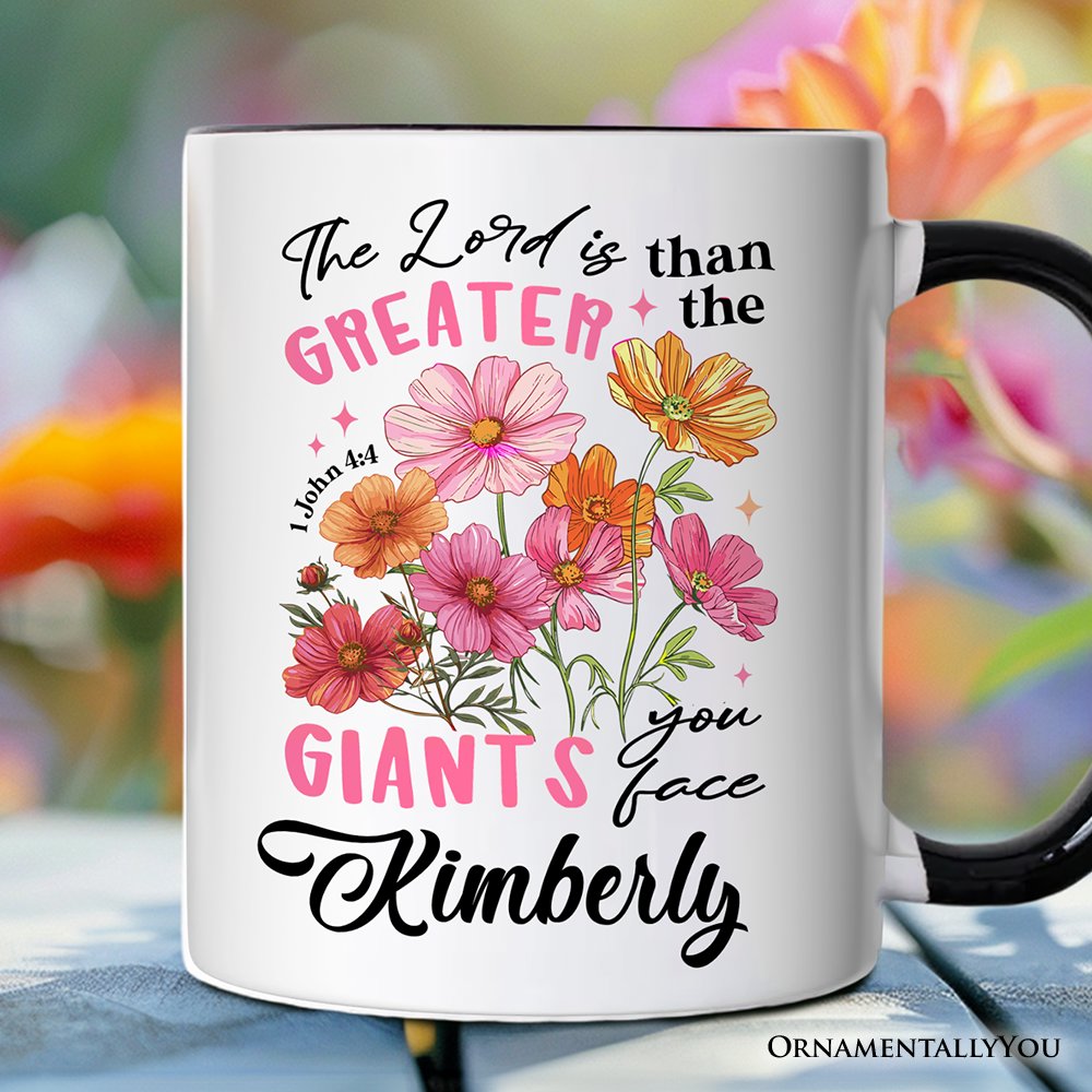 The Lord Is Greater Floral Christian Personalized Mug, Faith Bible Verse Inspirational Gift with Custom Name