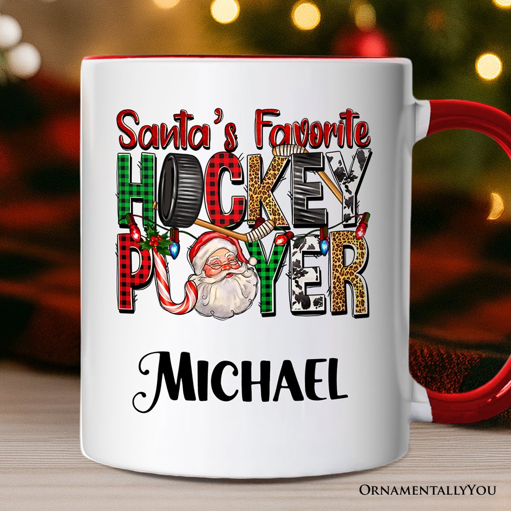 Santa’s Favorite Hockey Player Personalized Mug, Plaid Christmas Athelete Gift with Custom Name