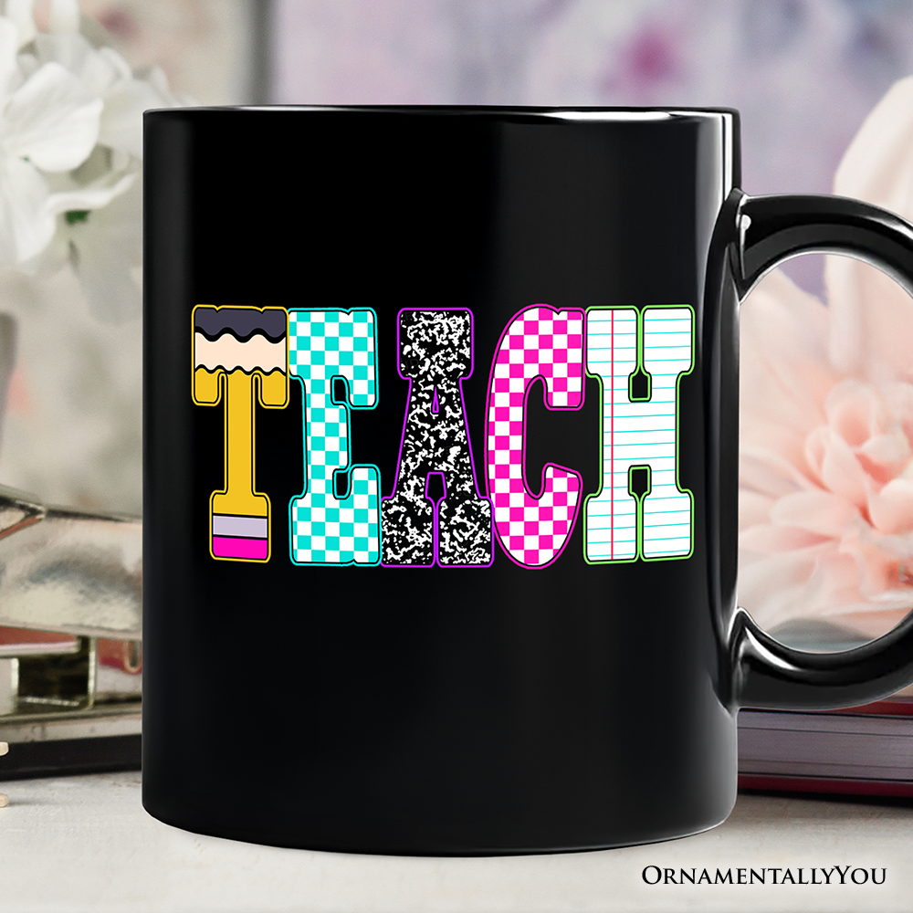 Neon Teacher Checkered Retro Mug, Back To School Gift