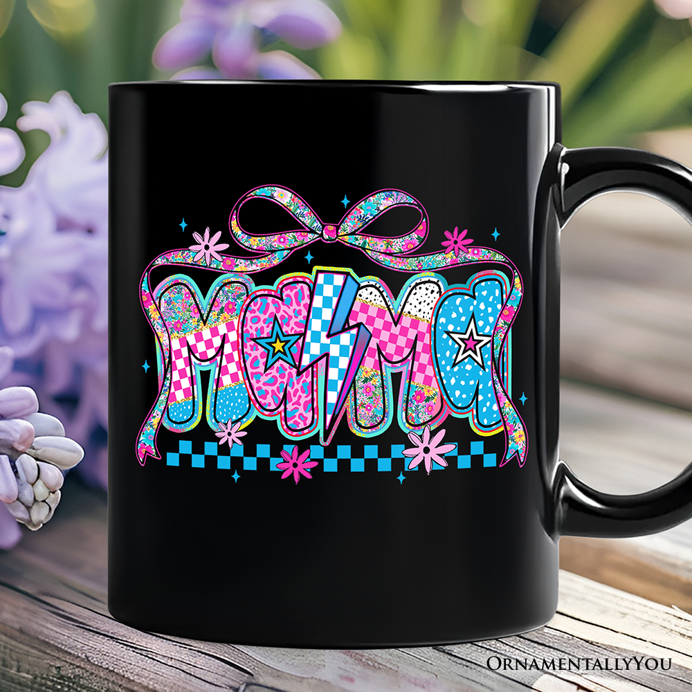 Preppy Mama Checkered Retro Mug, Lightning Bolt Mom Gift