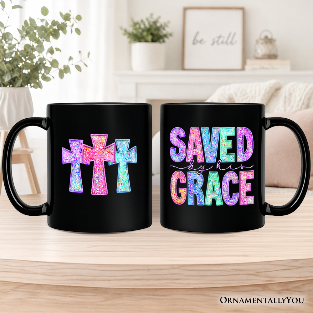Saved By His Grace Printed Faux Sequin Christian Mug, Religious Love Gift