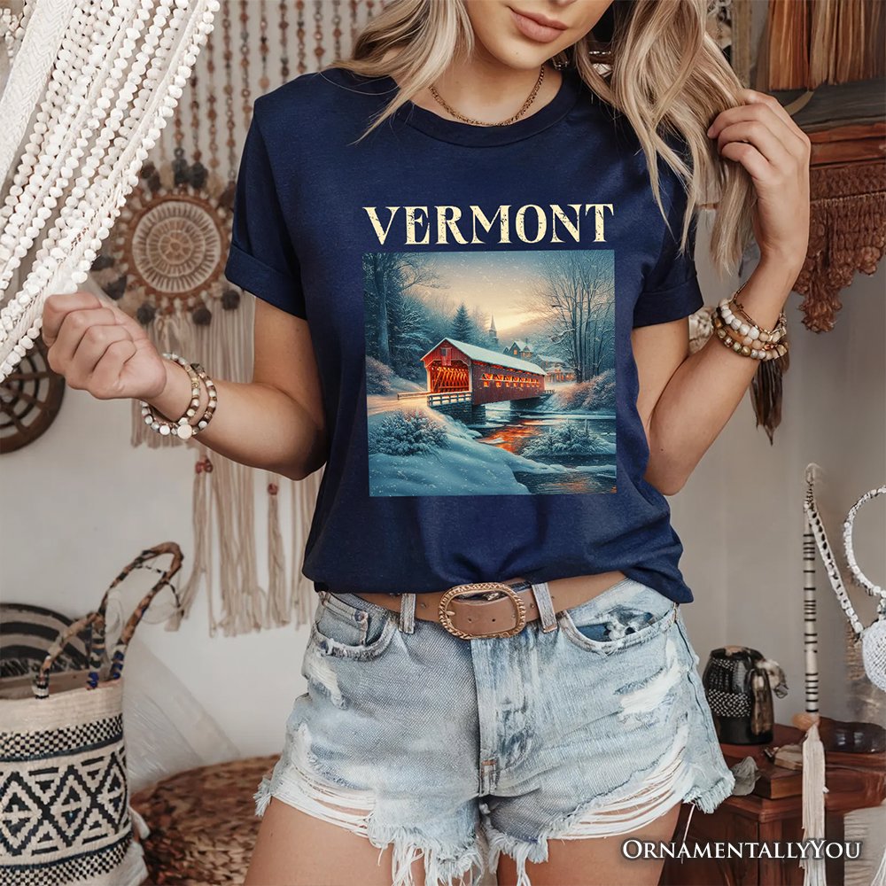 Rustic Red Covered Bridge Vermont State T-Shirt, New England Historical Tee and Travel Souvenir