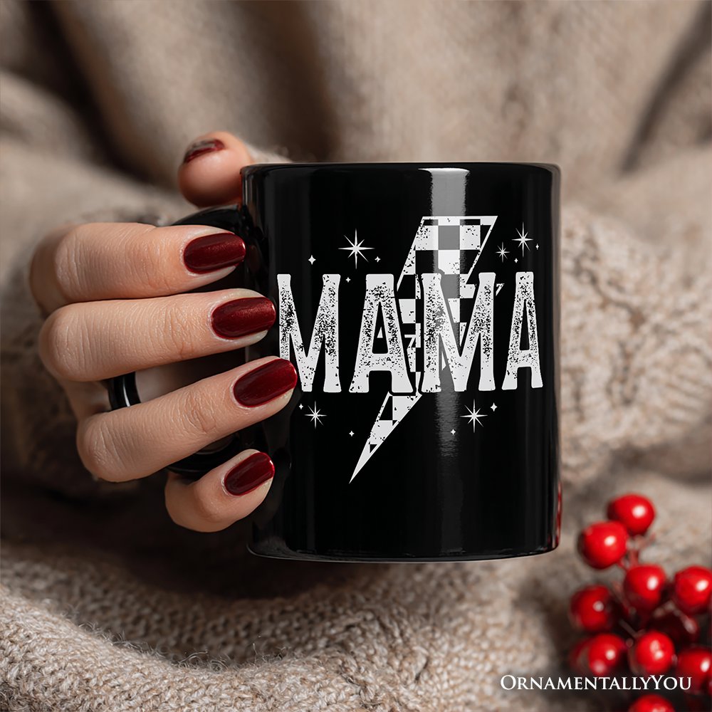 Checkered Lightning Bolt Mama Personalized Mug, Vintage Retro Black and White Gift with Custom Name for Energetic Moms