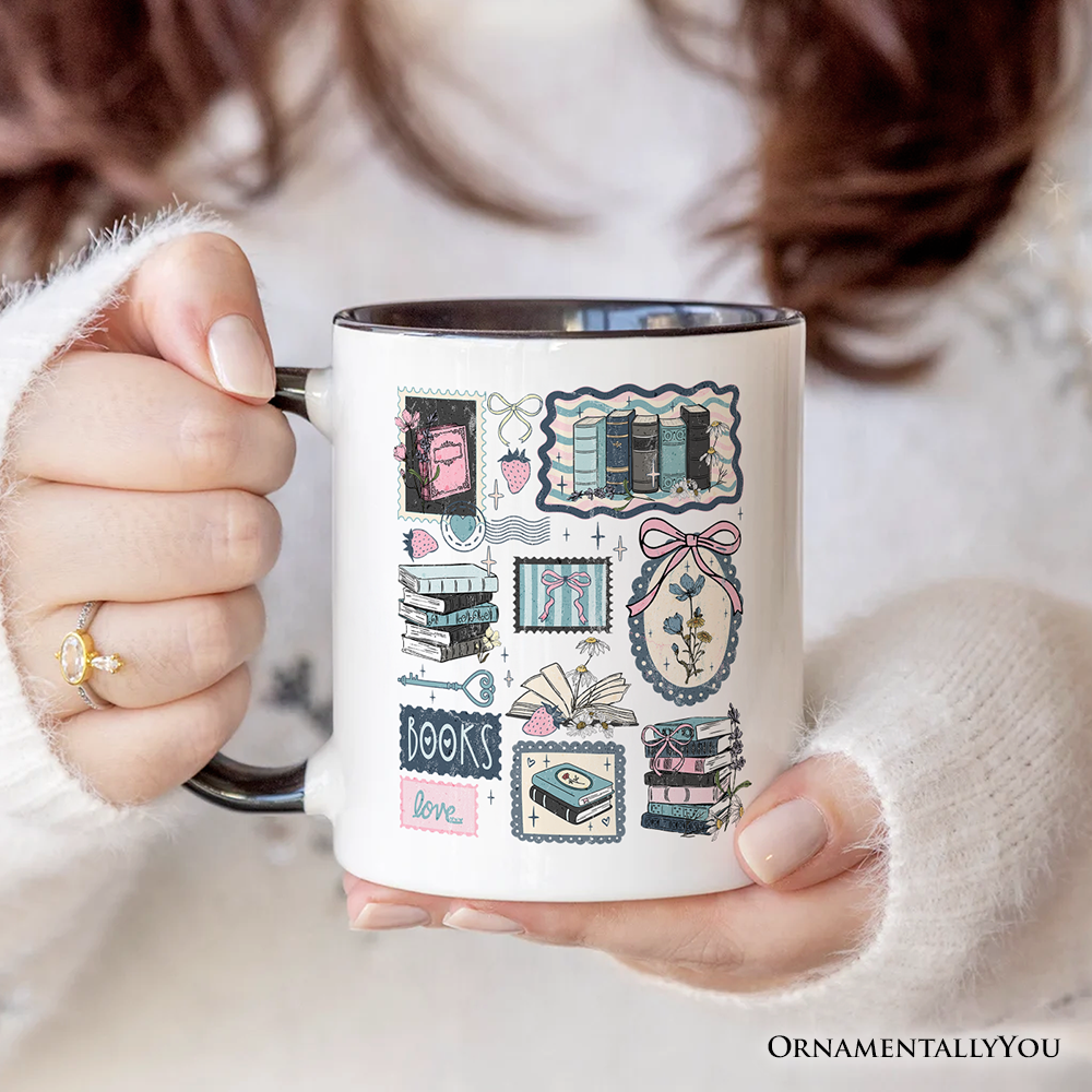 Bookish Love Collage Reader Mug, Vintage Bookworm Aesthetic Gift
