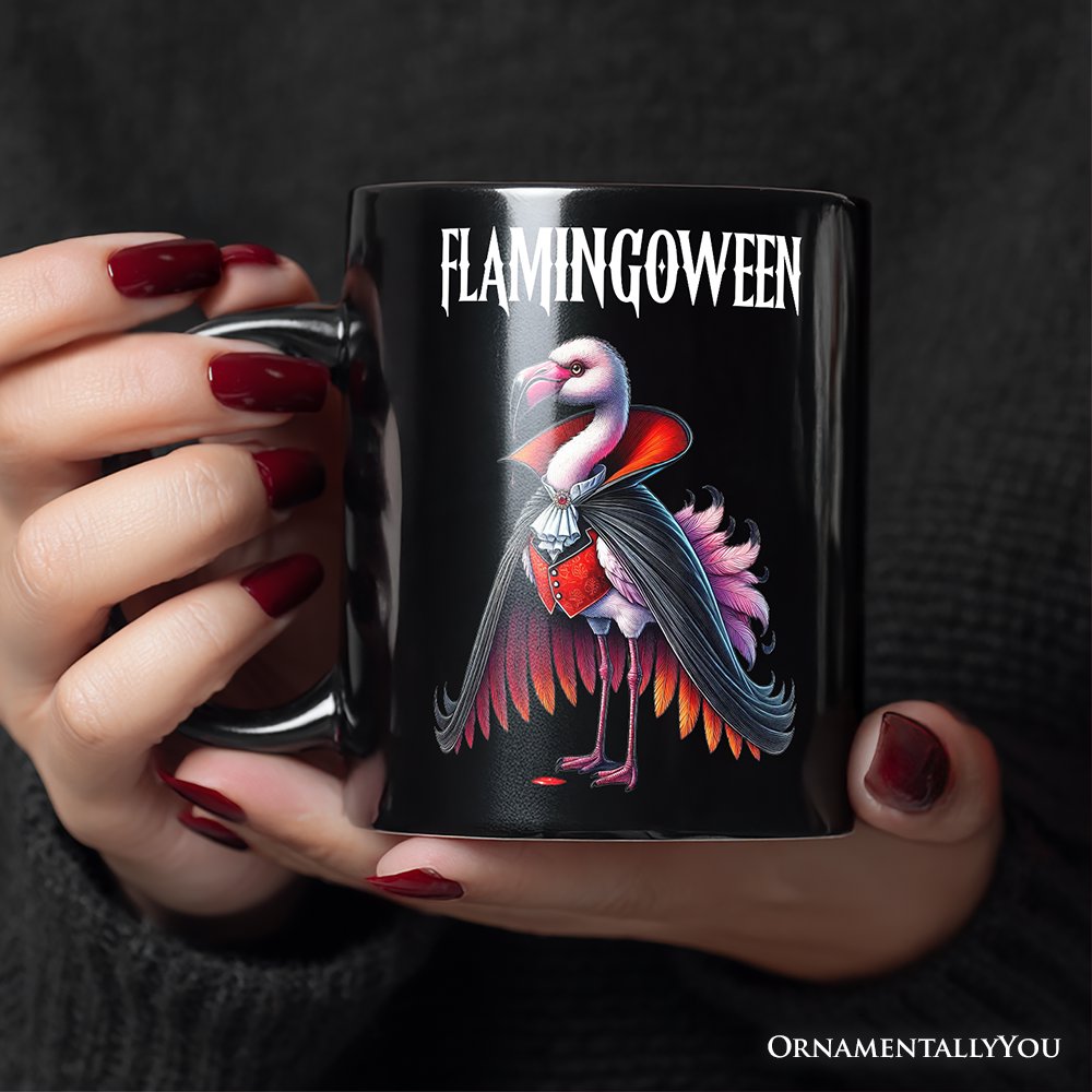 Spooky Vampire Flamingo Personalized Mug, Halloween Dracula Bird Gift with Custom Name
