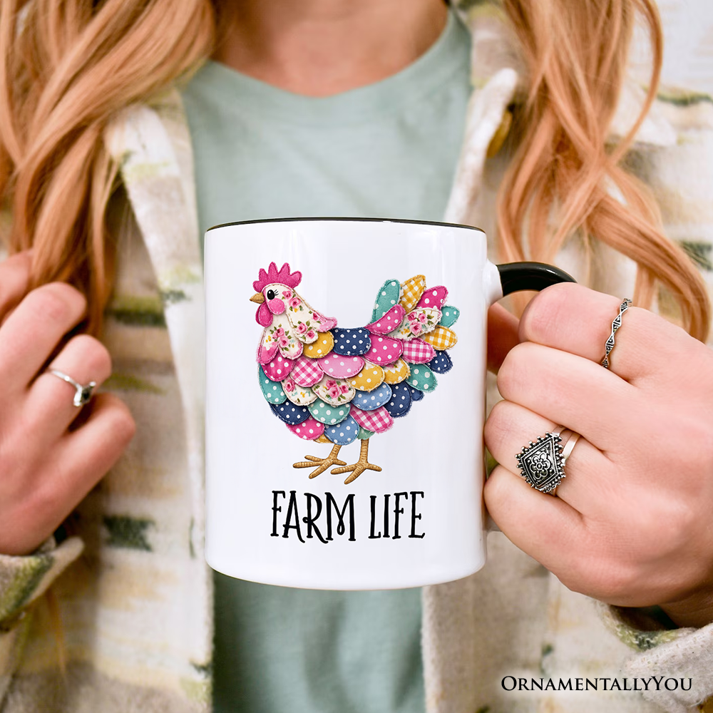 Floral Chicken Printed Faux Patchwork Mug, Coquette Hen Farm Life Gift