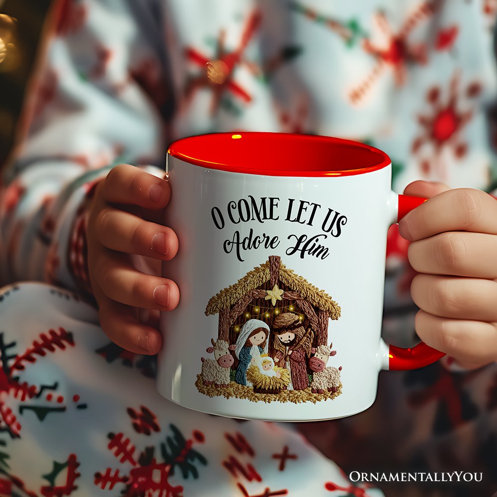 Nativity Holy Family Jesus Christmas Personalized Mug, Imitation Latch Hook Yarn Cozy Christian Gift with Custom Name