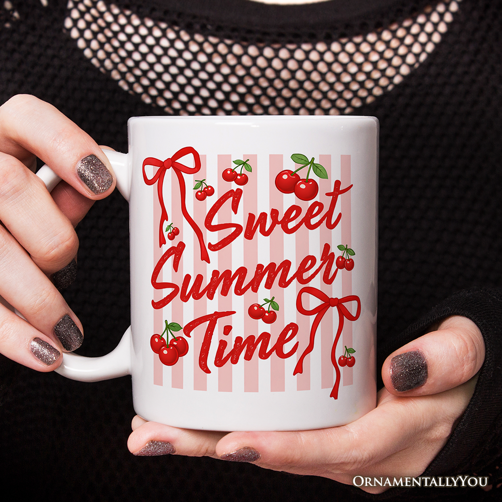 Striped Cherry Sweet Summer Time Mug, Coquette Vacation Gift