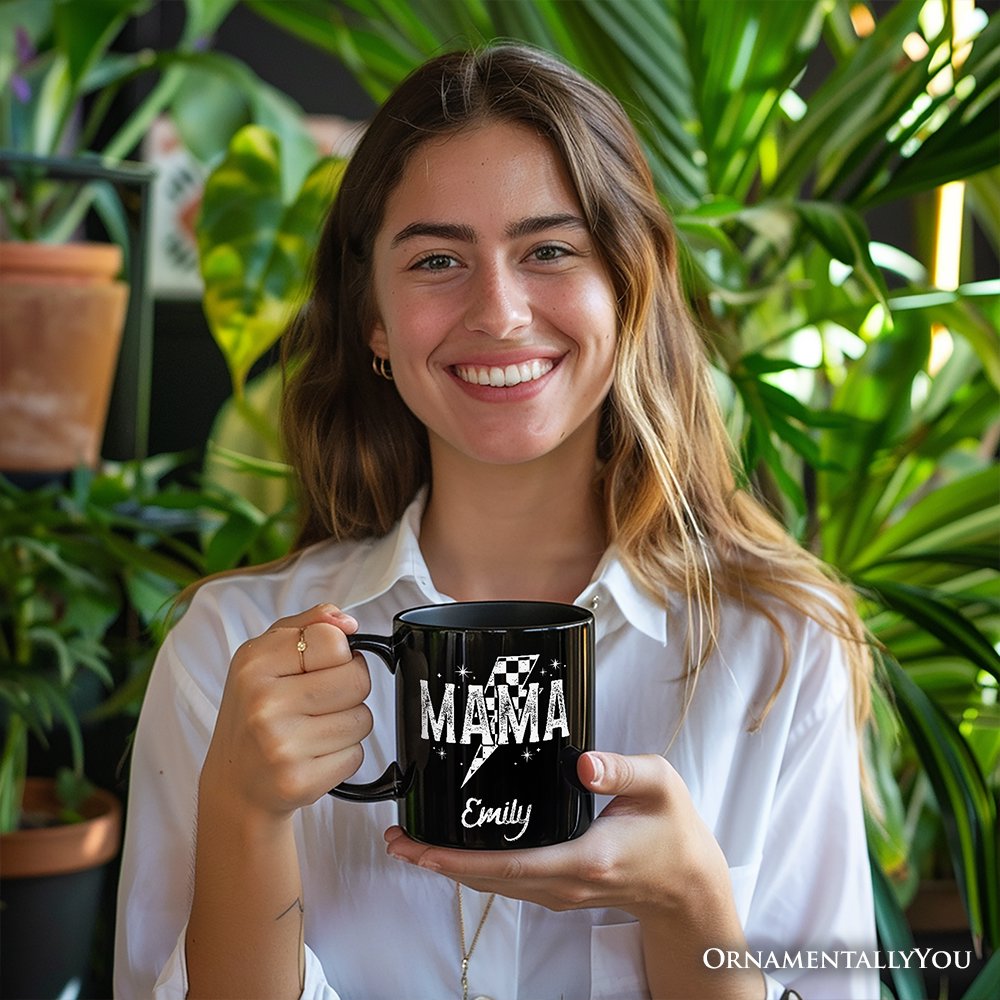 Checkered Lightning Bolt Mama Personalized Mug, Vintage Retro Black and White Gift with Custom Name for Energetic Moms