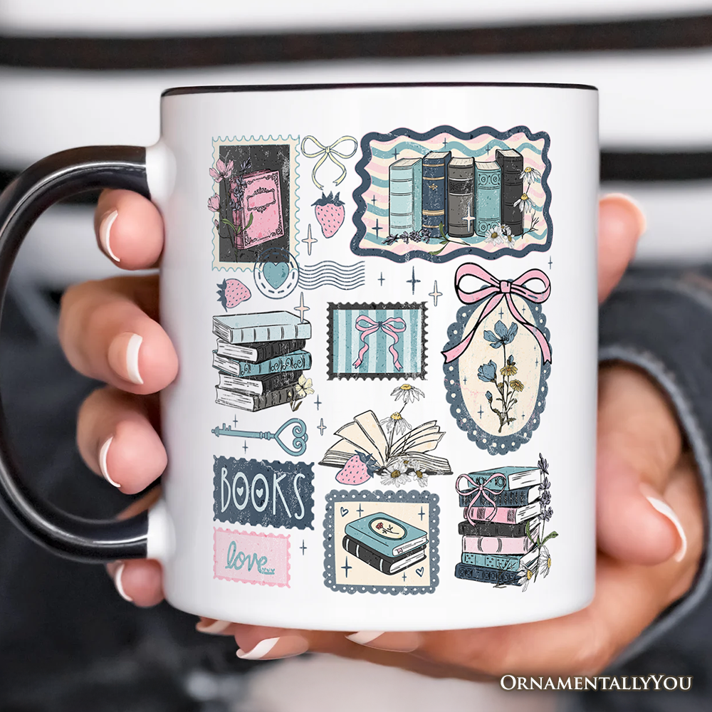Bookish Love Collage Reader Mug, Vintage Bookworm Aesthetic Gift