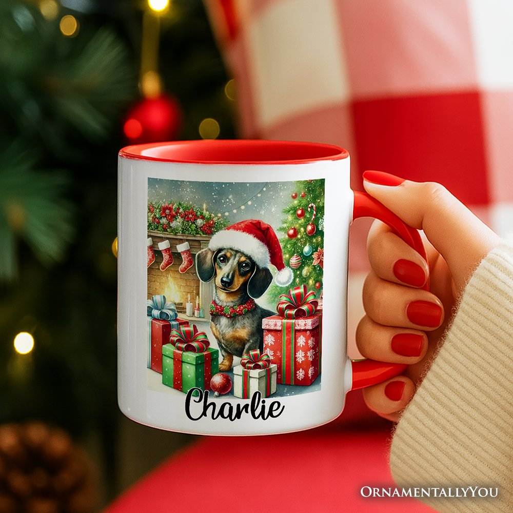 Festive Dachshund Delight Personalized Mug, Joyful Christmas Gift with Custom Name