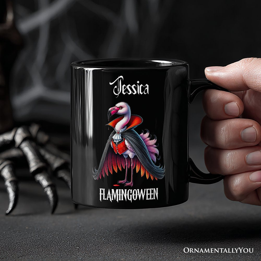 Spooky Vampire Flamingo Personalized Mug, Halloween Dracula Bird Gift with Custom Name