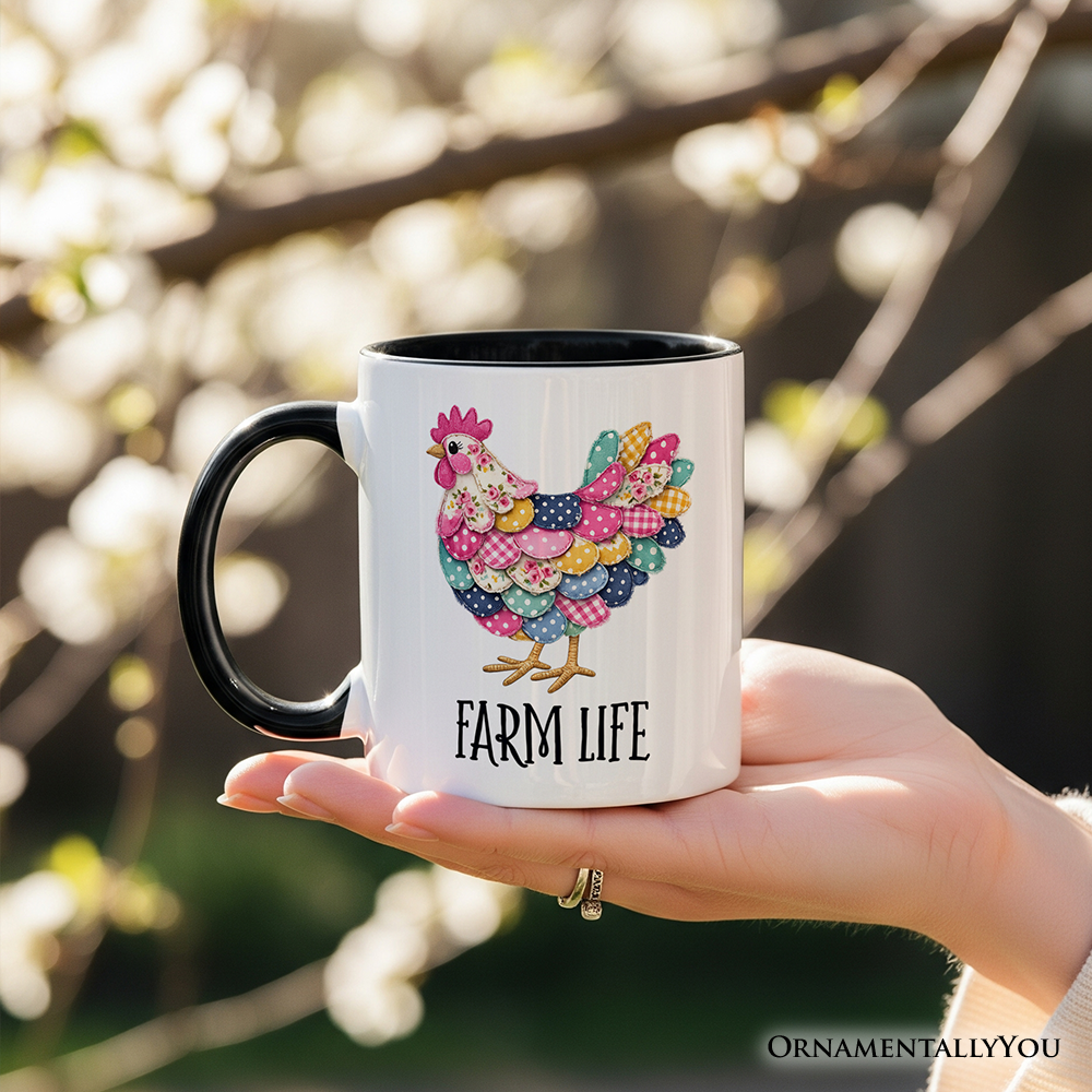 Floral Chicken Printed Faux Patchwork Mug, Coquette Hen Farm Life Gift
