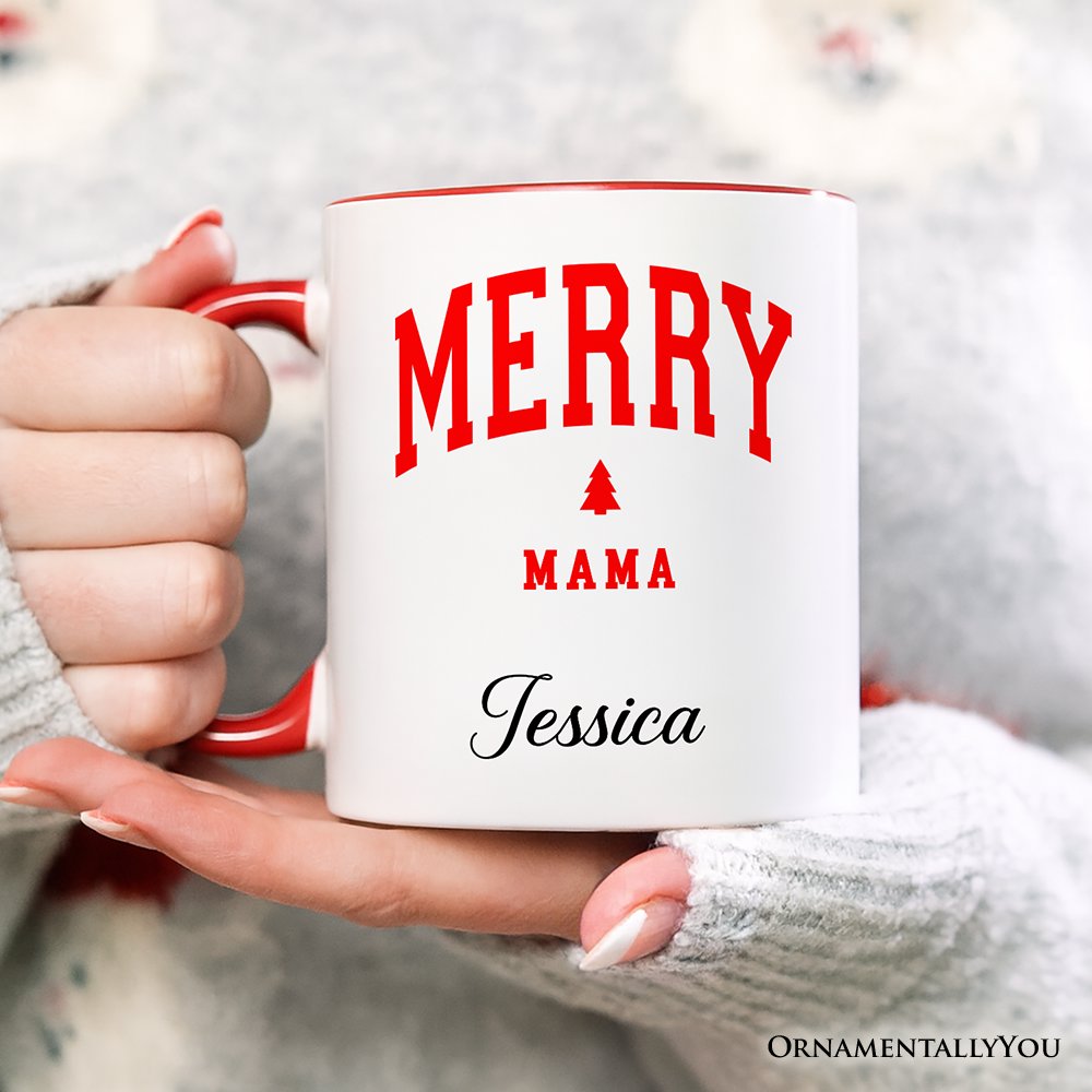Merry Mama Retro Christmas Personalized Mug, Matching Family Holiday Gift with Custom Name
