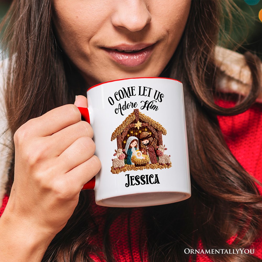 Nativity Holy Family Jesus Christmas Personalized Mug, Imitation Latch Hook Yarn Cozy Christian Gift with Custom Name
