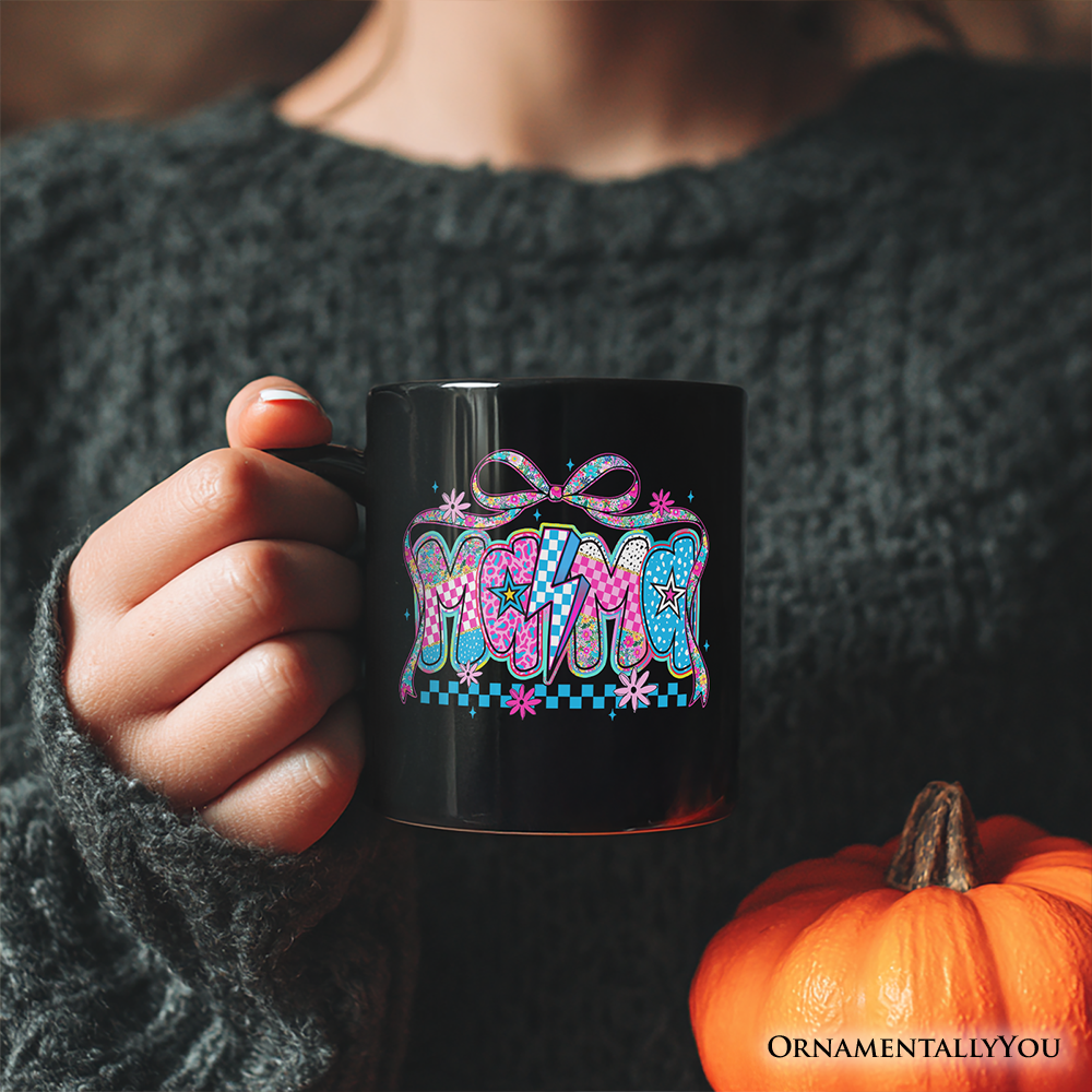 Preppy Mama Checkered Retro Mug, Lightning Bolt Mom Gift
