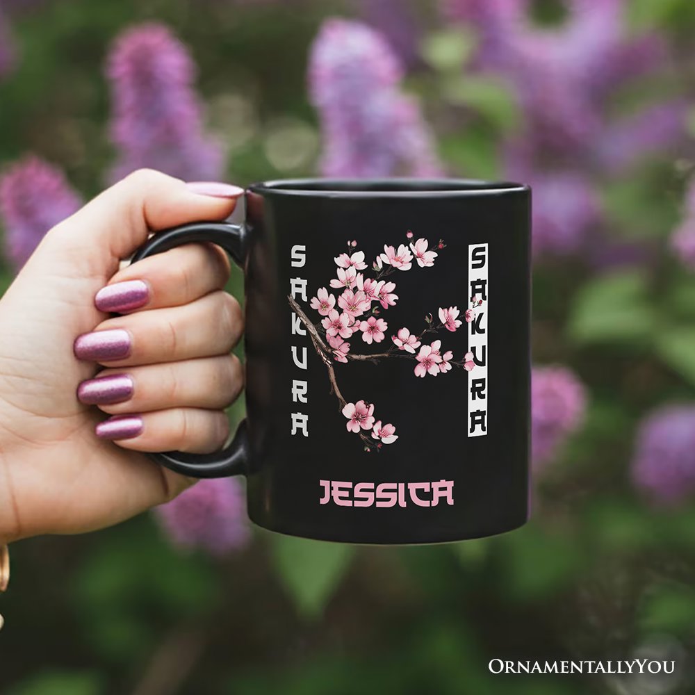 Sakura Cherry Blossom Personalized Mug, Vintage Japanese Spring Floral Gift with Custom Name