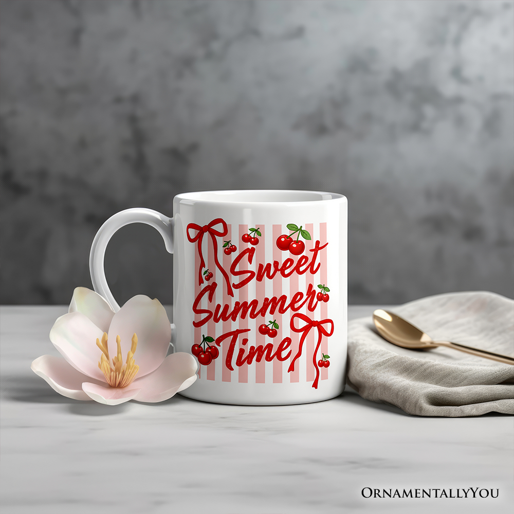 Striped Cherry Sweet Summer Time Mug, Coquette Vacation Gift