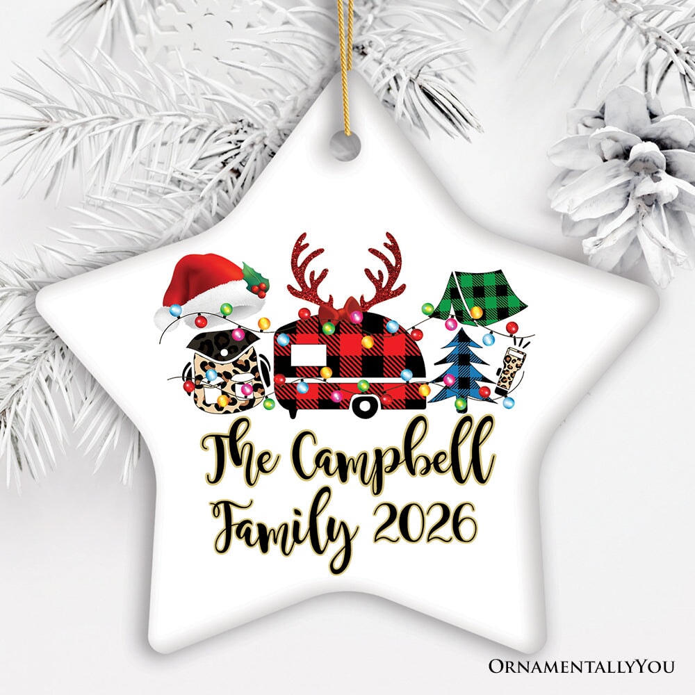 Personalized Camp Buffalo Plaid Leopard Merry Christmas Ornament, Camping Friends Gift