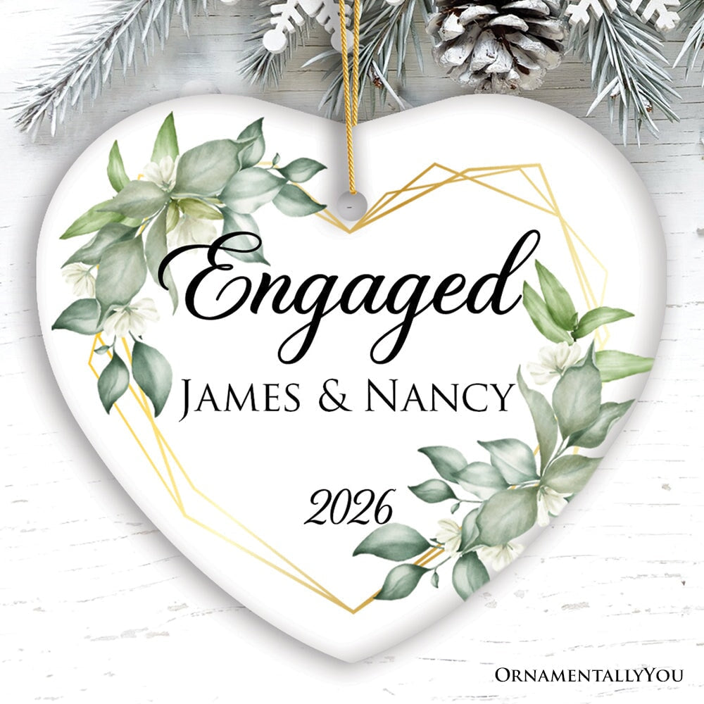Personalized Engaged Ornament with Heart Flower Frame, Custom Name and Date Gift for Couple
