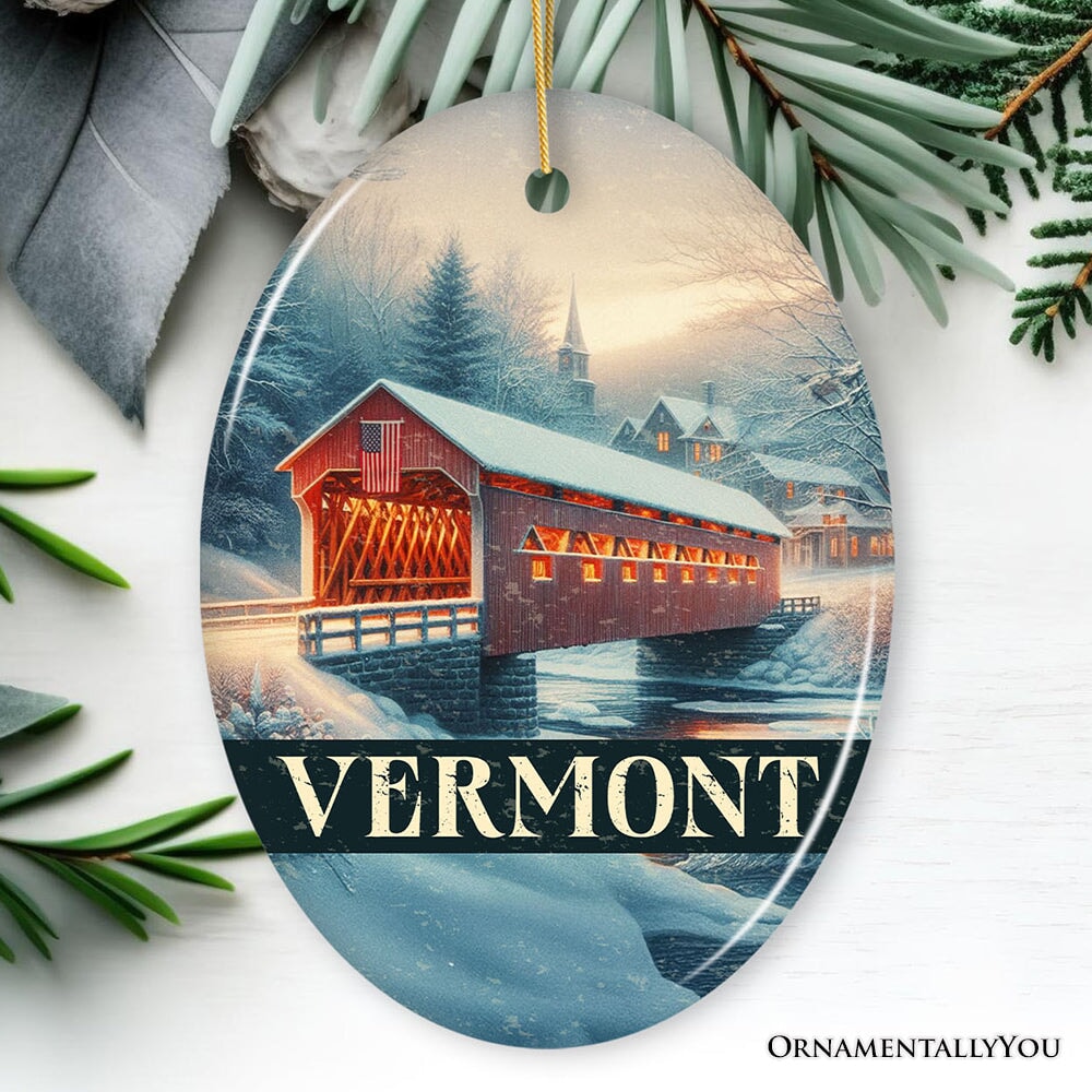 Rustic Red Covered Bridge Vermont Christmas Ornament, New England Historical Gift and Travel Souvenir
