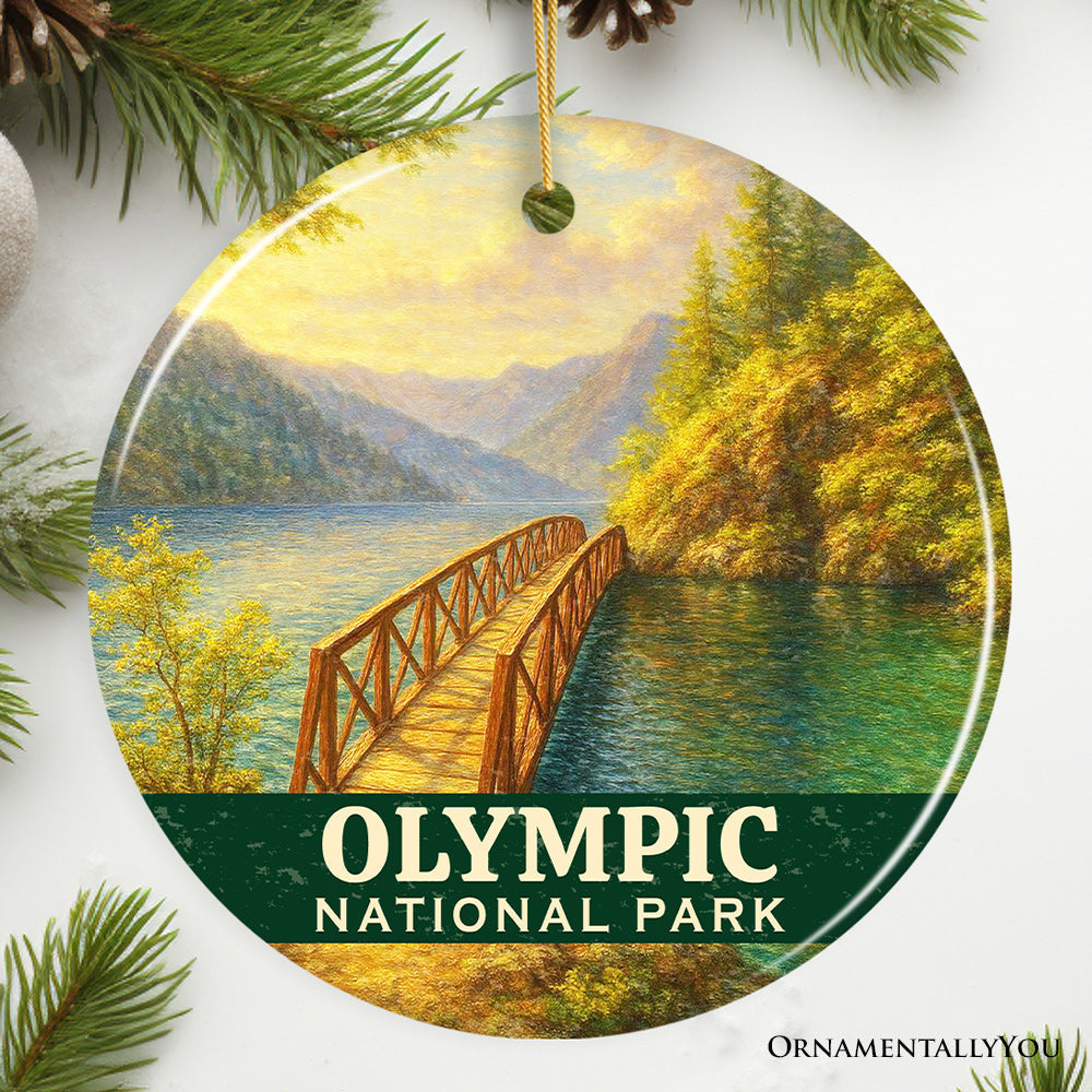 Scenic Olympic National Park Ornament, Washington Lake Bridge Landscape Christmas Gift and Nature Travel Souvenir