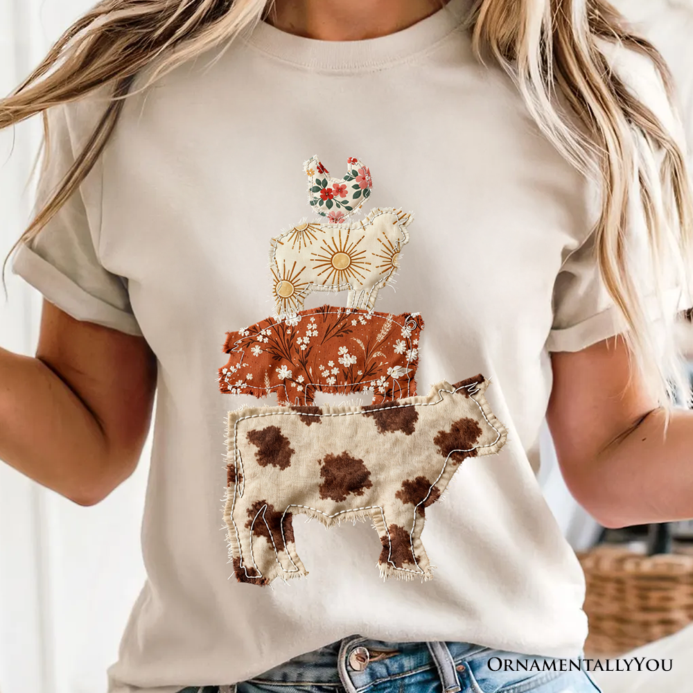 Western Farm Animals Printed Faux Patchwork T-Shirt, Country Cow Pig Sheep Hen Tee