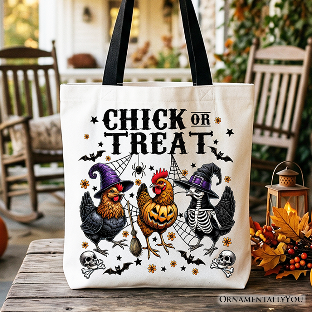 Chick or Treat Chicken Tote Bag, Funny Farmhouse Halloween Gift Shopper