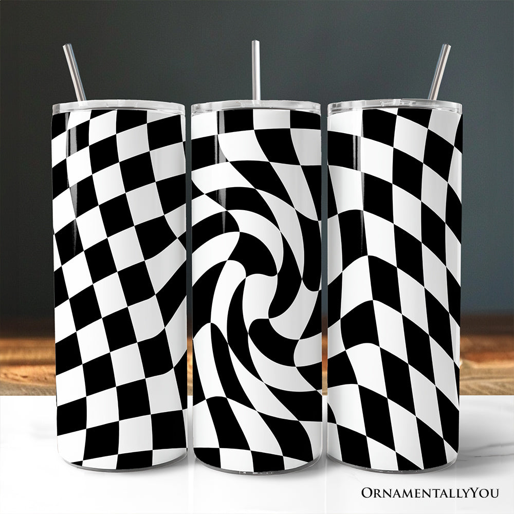 Black and White Checkerboard Swirl 20oz Personalized Tumbler With Lid and Stainless Steel Straw, Retro Optical Illusion Gift Cup