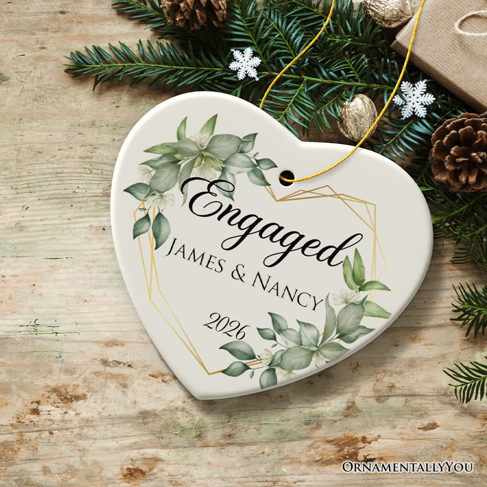 Personalized Engaged Ornament with Heart Flower Frame, Custom Name and Date Gift for Couple