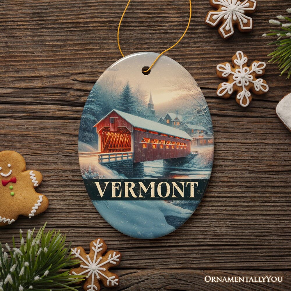 Rustic Red Covered Bridge Vermont Christmas Ornament, New England Historical Gift and Travel Souvenir