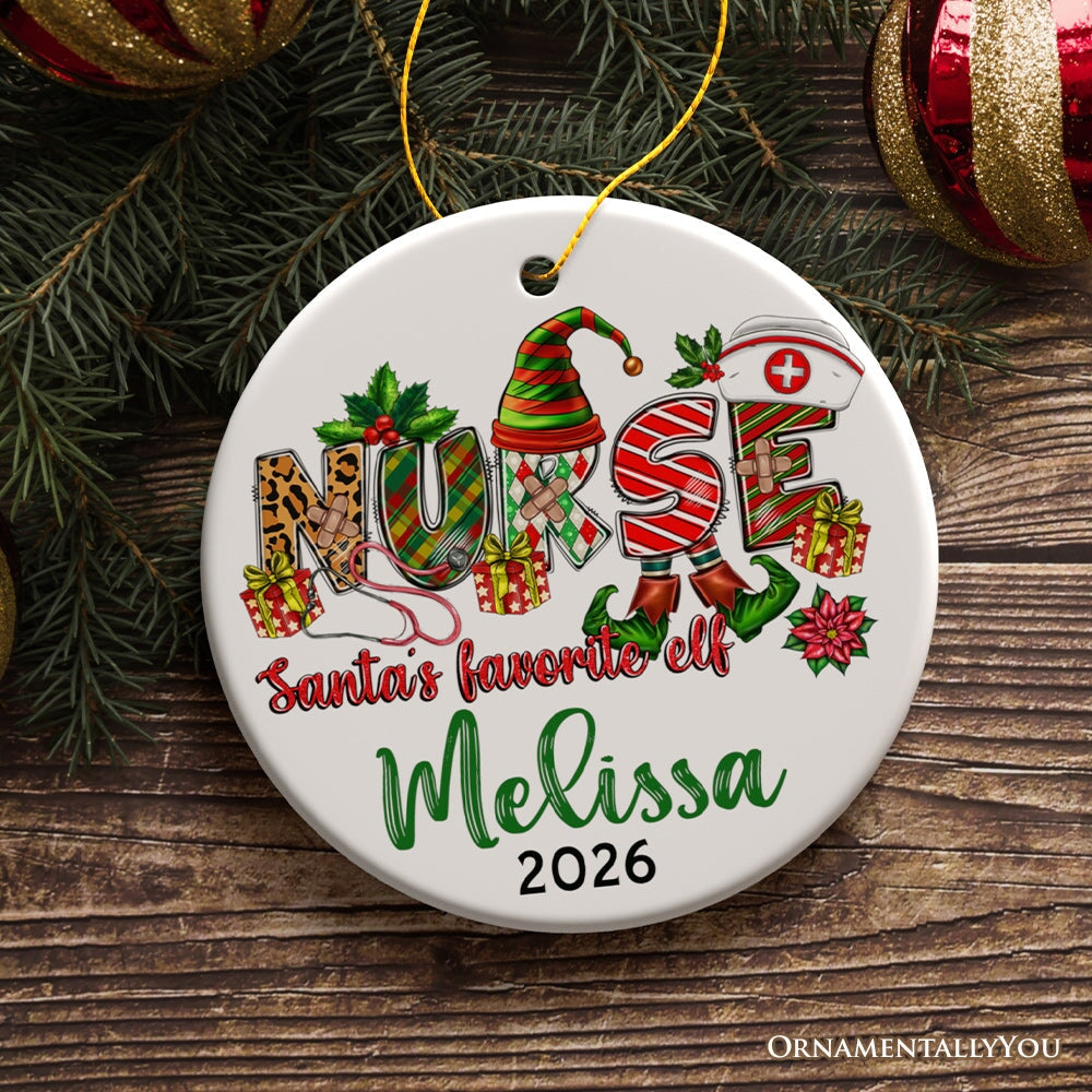 Santa’s Favorite Nurse Elf Personalized Christmas Ornament, Custom Nursing Present