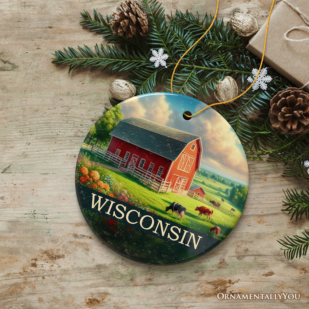 Vintage Wisconsin Farm Landscape Ornament, Midwest Red Barn Christmas Gift and Countryside Souvenir