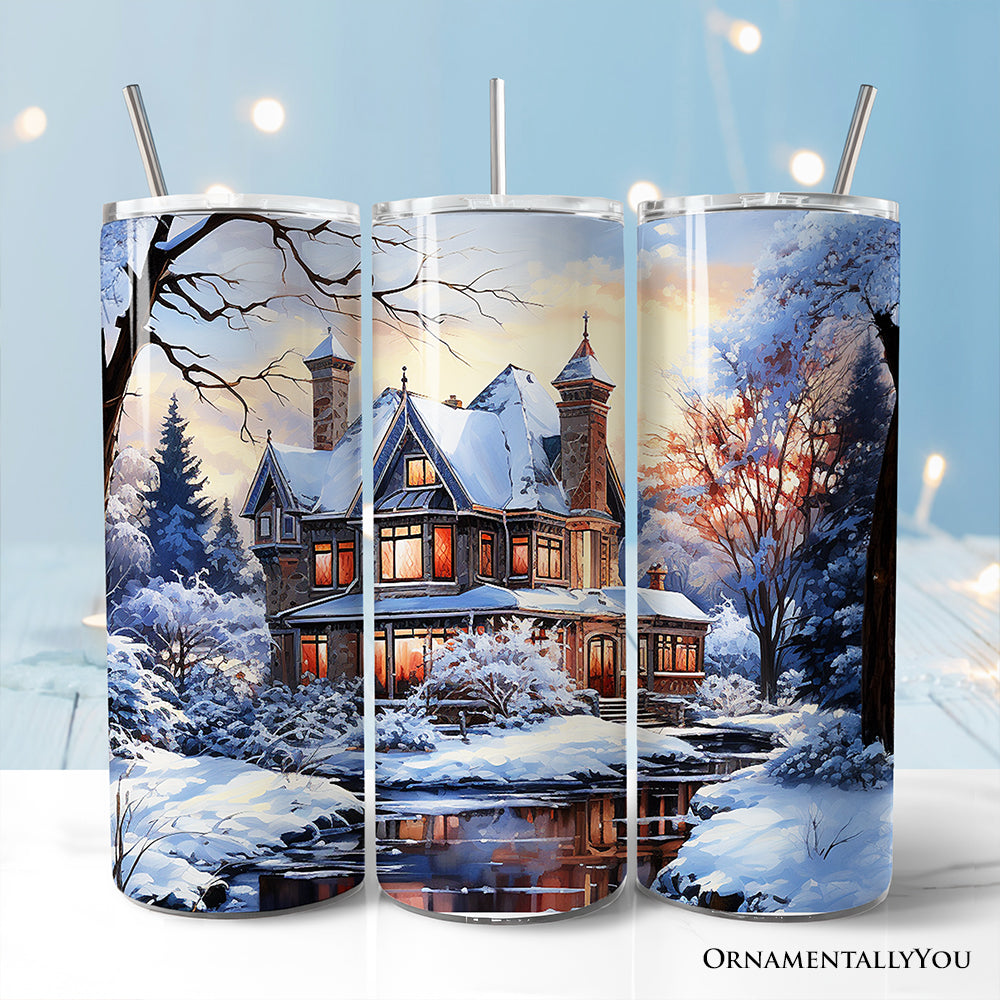 Watercolor Snowy Victorian Mansion Painting 20oz Personalized Tumbler With Lid and Stainless Steel Straw, Cozy Winter Estate Gift Cup
