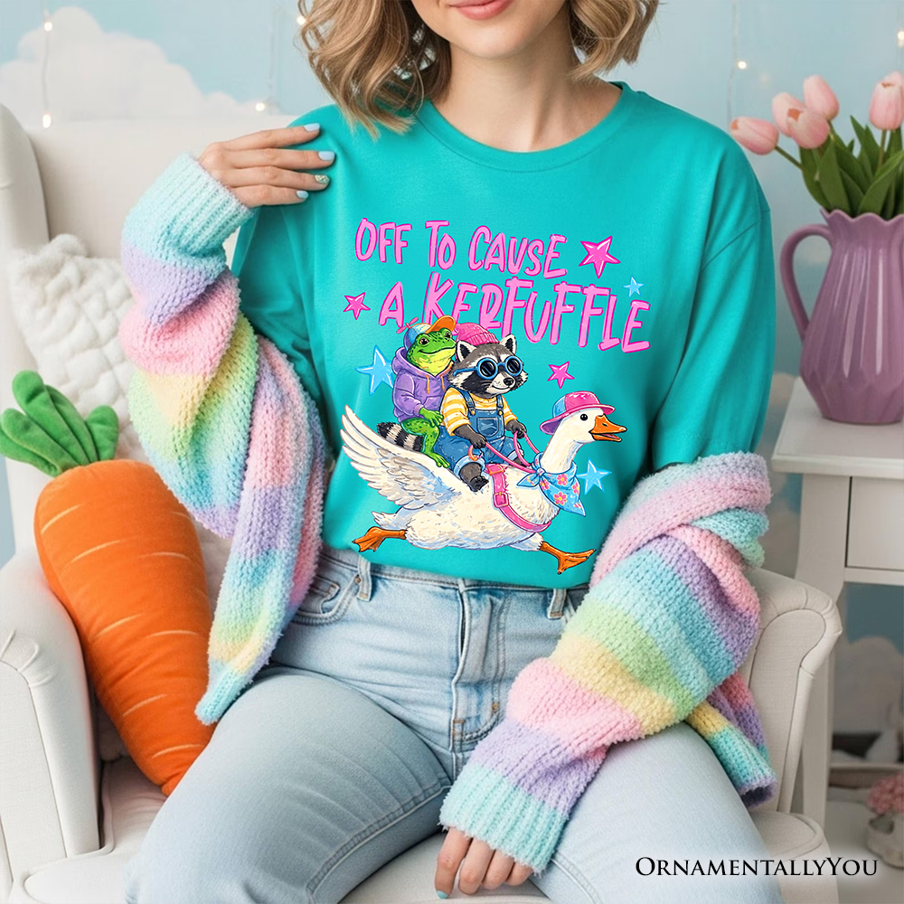 Off To Cause A Kerfuffle T-Shirt, Frog Raccoon Goose Funny Animal Tee