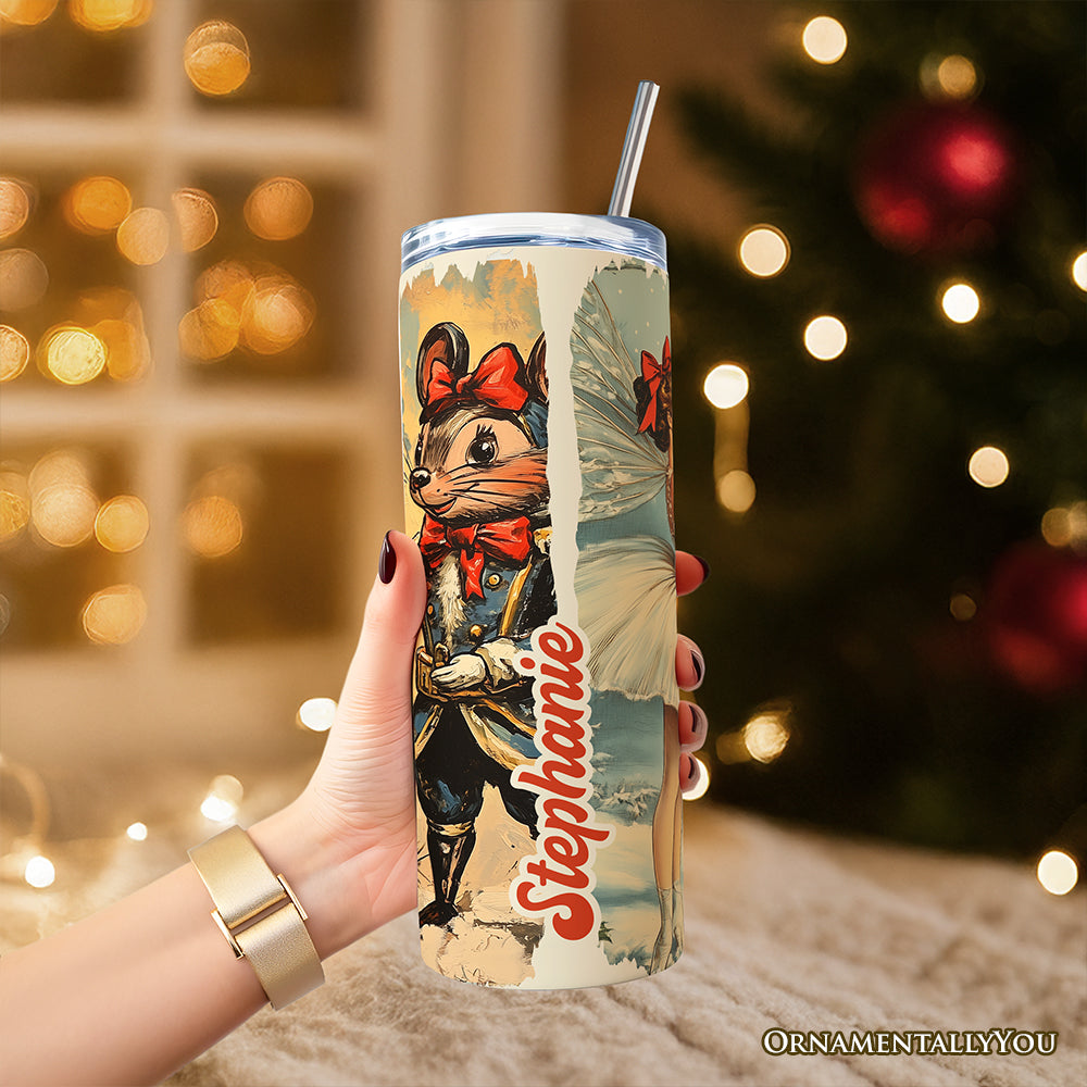 Coquette Ballet and Nutcracker 20oz Personalized Tumbler With Lid and Stainless Steel Straw, Christmas Bow and Mouse Vintage Gift Cup