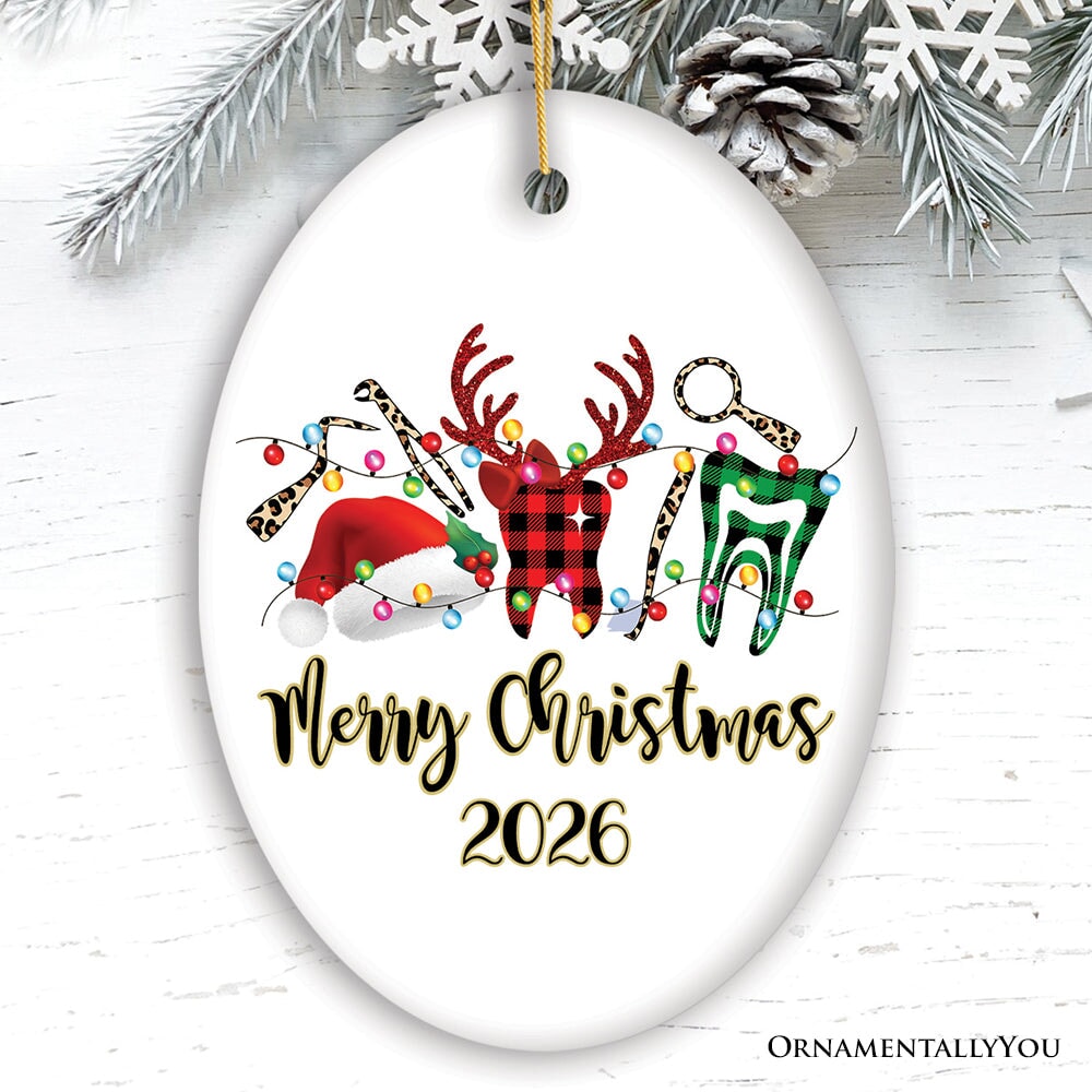 Personalized Dentist Buffalo Plaid Leopard Merry Christmas Ornament, Dental Gift