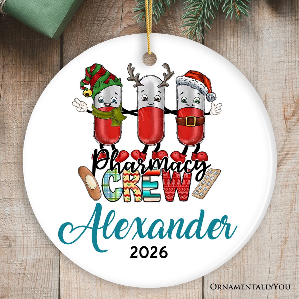 Playful Personalized Pharmacist Crew Christmas Ornament, Customized Gift for Pharmacy with Pills
