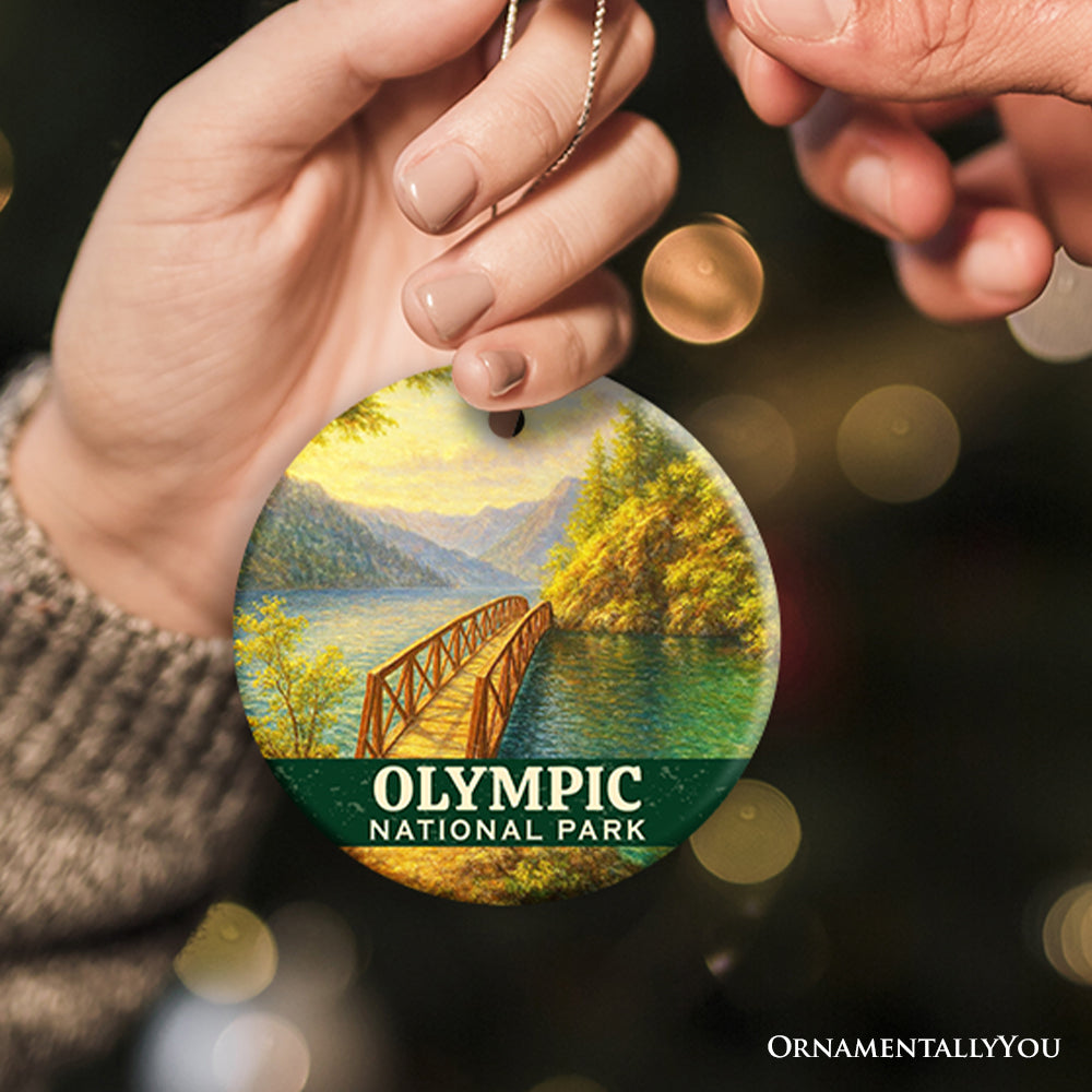 Scenic Olympic National Park Ornament, Washington Lake Bridge Landscape Christmas Gift and Nature Travel Souvenir