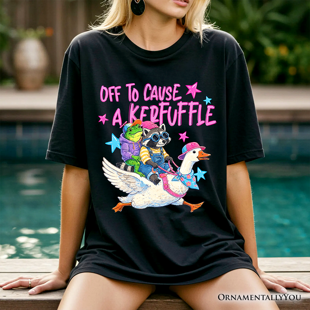 Off To Cause A Kerfuffle T-Shirt, Frog Raccoon Goose Funny Animal Tee