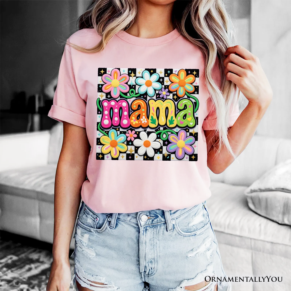 Retro Floral Mama Printed Faux Yarn T-Shirt, Colorful Mother's Day Tee