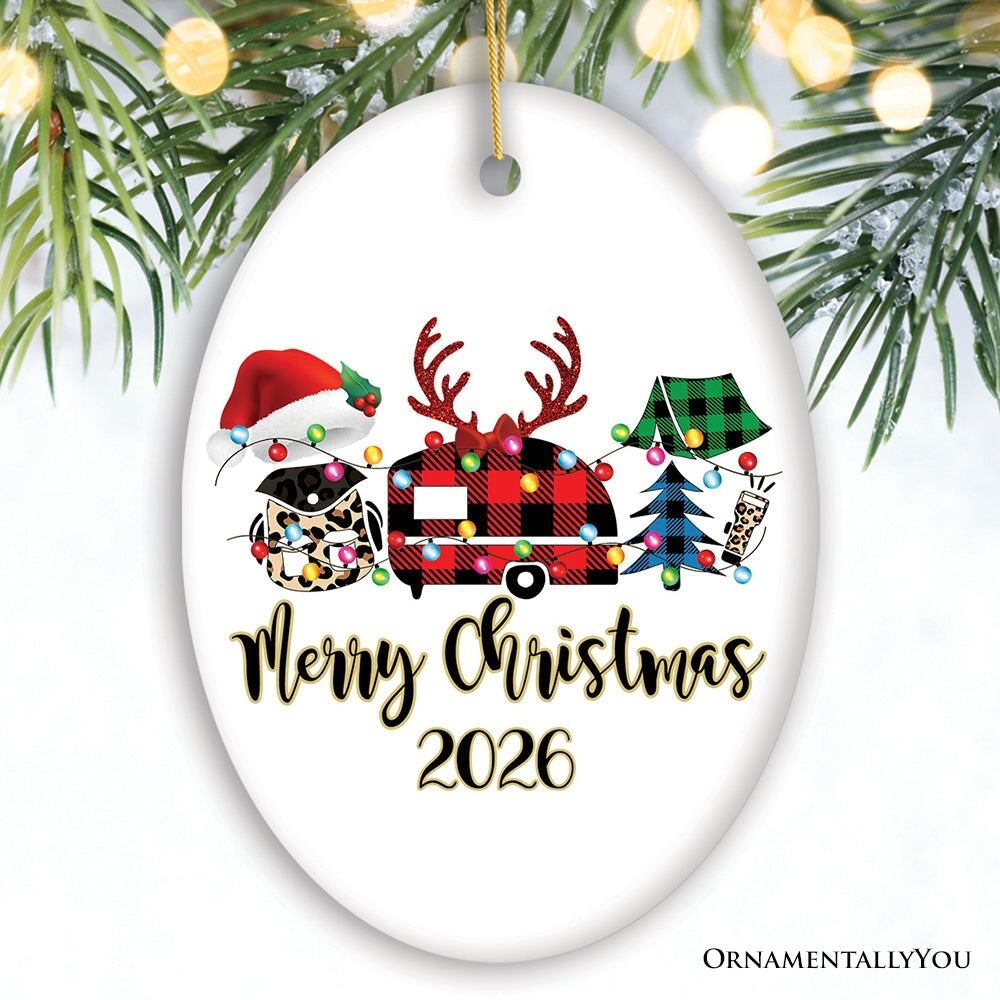 Personalized Camp Buffalo Plaid Leopard Merry Christmas Ornament, Camping Friends Gift