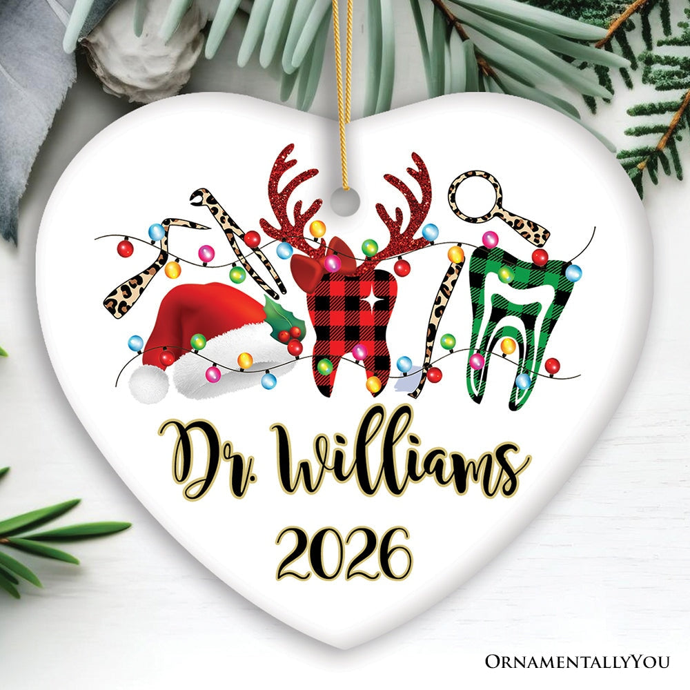 Personalized Dentist Buffalo Plaid Leopard Merry Christmas Ornament, Dental Gift