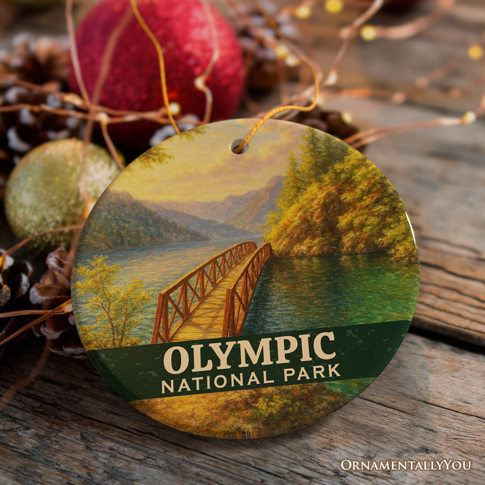 Scenic Olympic National Park Ornament, Washington Lake Bridge Landscape Christmas Gift and Nature Travel Souvenir