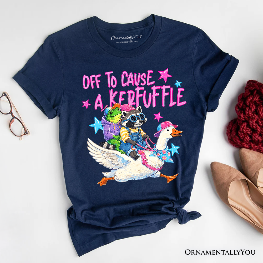 Off To Cause A Kerfuffle T-Shirt, Frog Raccoon Goose Funny Animal Tee